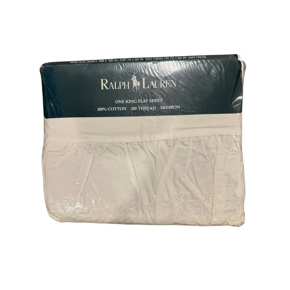 NWT VTG Ralph Lauren King Patience 2 White Eyelet Flat Sheet Ruffle Top